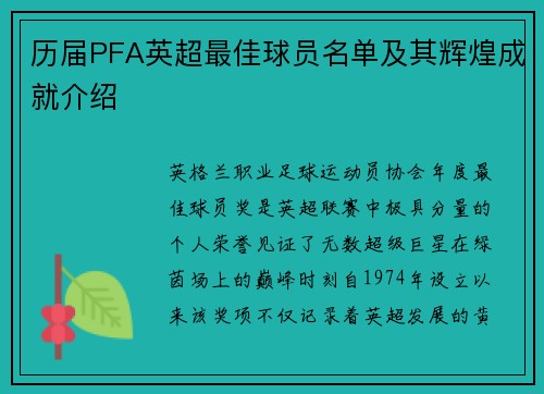 历届PFA英超最佳球员名单及其辉煌成就介绍