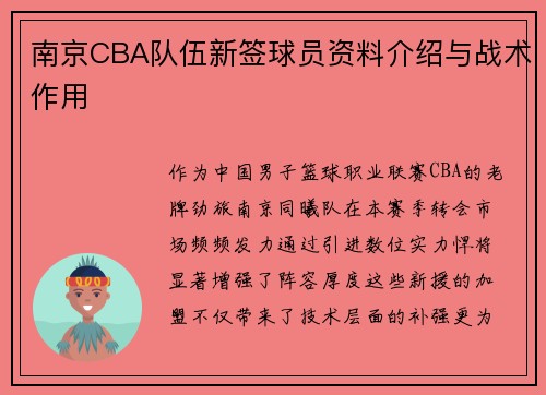 南京CBA队伍新签球员资料介绍与战术作用